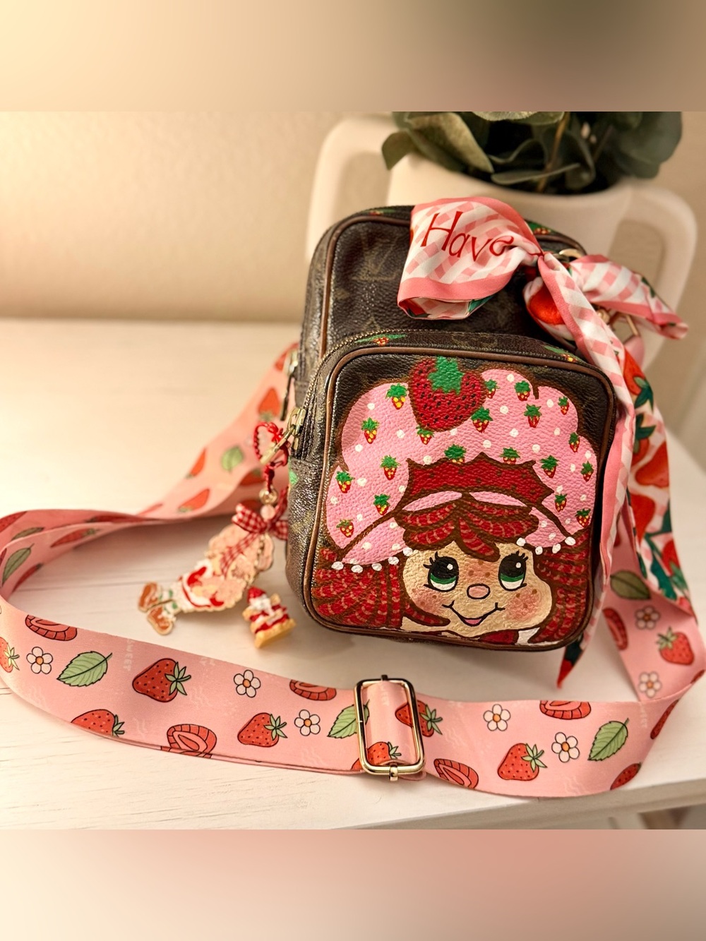 Strawberry Patch Crossbody Bag with Pink Character Panel - Picture 9 of 9